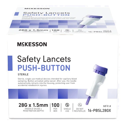 McKesson Safety Lancet, Retractable, Push Button Activation - Ideal for Blood Testing - Sterile, Single Use, 28 Gauge, 1.5mm Depth, 100 Count, 1 Pack