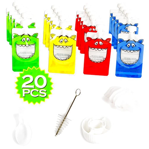 LifeSmart Reusable Food Pouches with Collapsible Funnel 20 Six Ounce Pouches 5 Caps Includes Cleaning Brush, Spoon Tops Clear Windows on The Front Excellent for Travel