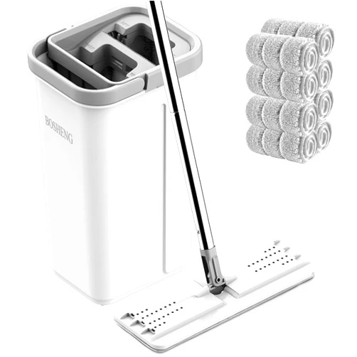 BOSHENG Mop and Bucket with Wringer Set, Hands Free Flat Floor Mop and Bucket, 8 Washable Microfiber Pads Included, Wet and Dry Use, Home Floor Cleaning System for All Floor Types and Windows
