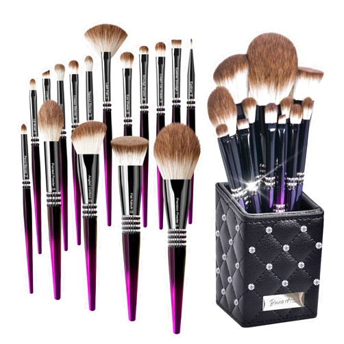 Bueart Design 16PCS Ultra Soft Labeled Makeup Brushes Set with HOLDER case Cosmetic make up brush set (16Pcs Black Rose Red+Holder)