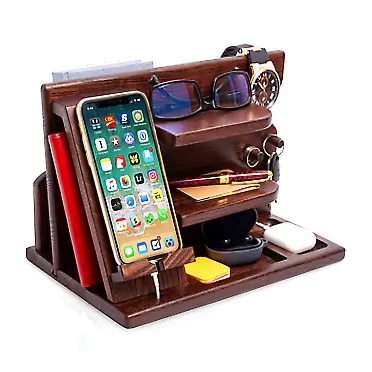 TESLYAR Wood Phone Docking Station Ash Key Holder Wallet Stand Watch Organizer Men Gift Husband Wife Anniversary Dad Birthday Nightstand Purse Father Graduation Male Travel Idea Gadgets