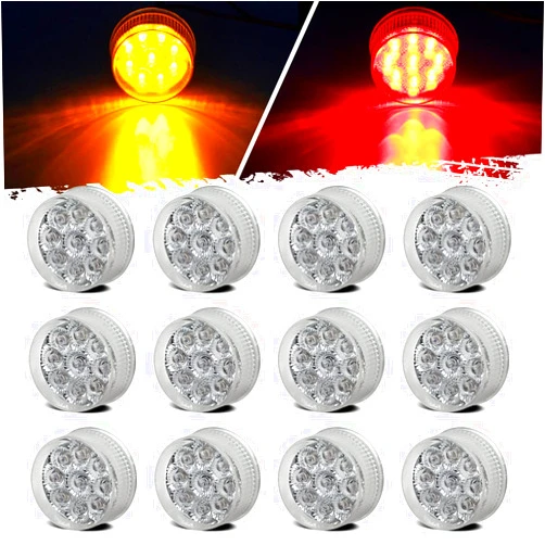 Partsam 12Pcs 2inch Round 9LED Side Marker Clearance Lights with Reflectors for Trailer Truck, Clear Lens, Sealed Waterproof (6Amber + 6Red)