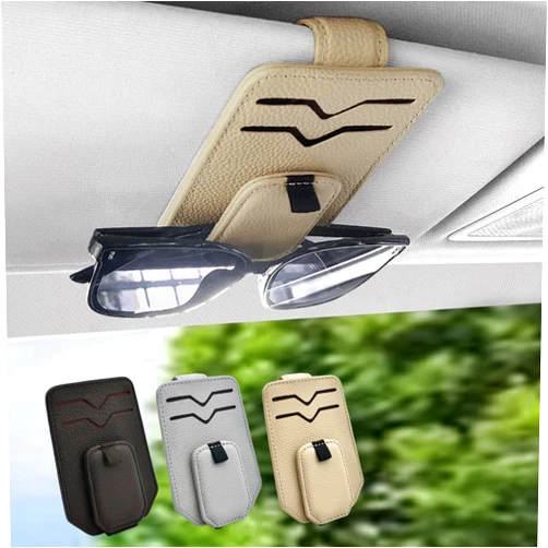 Teoenix Sunglass Holder for Car, Magnetic Leather Car Sunglass Holder Eyeglass Glasses Hanger Clip for Car Sun Visor, Ticket Card Clip Cash Organizer, 1 Pack Beige