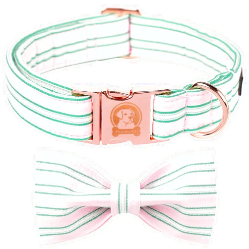 MR.CHUBBYFACE MR. CHUBBYFACE Macaron Striped Dog Collar with Bow Cute Pink Dog Collar Bowtie Spring Girl Boy Dog Collar for Small Medieum Large Dogs