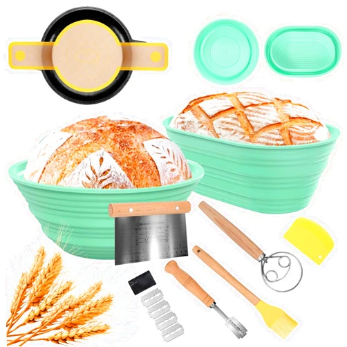 Lmjzbq Silicone Banneton Bread Proofing Basket Set, 10 Inch Oval & 9 Inch Round Foldable Sourdough Bread Baking Supplies, Bread Making Tools & Starter Kit,Complete Set for Bread Making With Essential Tools