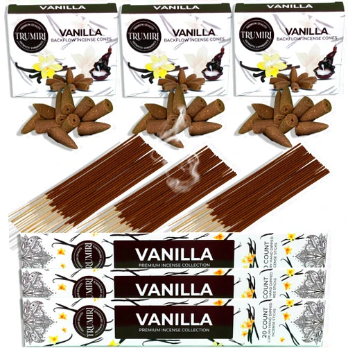 TRUMIRI Vanilla Incense Sticks & Backflow Incense Cones for Waterfall Combo Pack - 60 Insence-Sticks + 30 Backflow Cones - Insents - Incense Waterfall Cones - Inscense