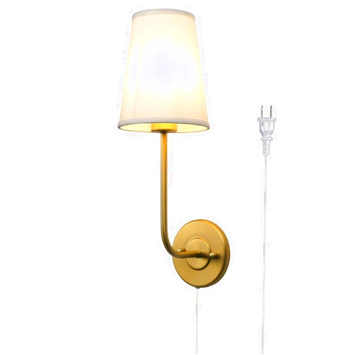Pathson Plug in Wall Sconce, Rustic Wall Light Fixture with On/Off Switch and Pure White Fabric Lampshade, Antique Brass Wall Lamp for Living Room Bedroom