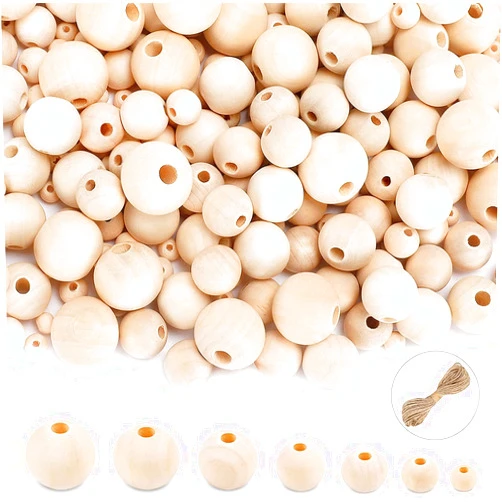 UOONY 800pcs Wooden Beads for Crafts 7 Sizes Unfinished Natural Wood Beads Wooden Beads Bulk 6mm, 8mm, 10mm, 12mm, 14mm, 16mm, 20mm Beads for Garland Macrame Jewelry Making DIY Farmhouse Decor