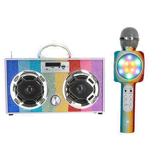 Wireless Express Bling Bundle - LED Mini Boombox with Radio and Bluetooth - Bluetooth Karaoke Microphone - Radio Microphone Bundle (Rainbow Bling)