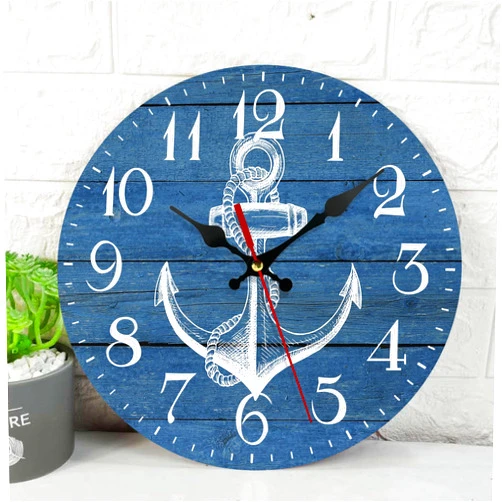 ArtSocket Sea Ocean Anchors Wooden Wall Clock Silent Non-Ticking, Retro Nautical Navy Blue Round Rustic Wall Clocks Decor for Home Kitchen Living Room Office, Battery Operated(12 Inch)