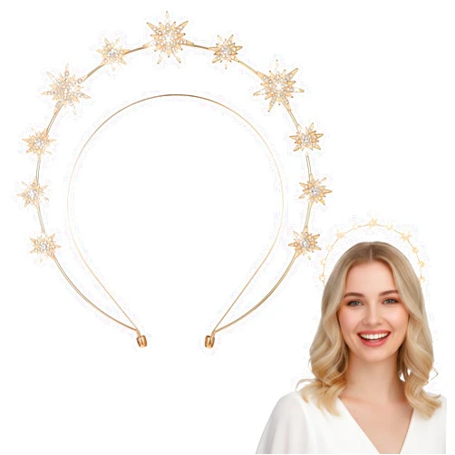Tweruna Gold Halo Headband, Crystal Star Halo Crown, Gold Rhinestone Goddess Crown Headpiece, Glitter Tiaras for Women Bridal Wedding Cosplay Party Hair Accessories
