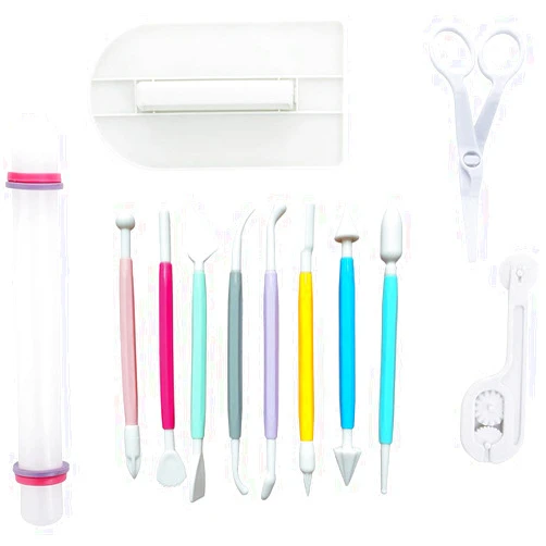 ScivoKaval Marshmallow Fondant Cake Decorating Hand Tool 12 Pcs 5 Sets Sugarcraft Gumpaste Icing Smoother Rolling Pin Trimmer Cutter Embosser Flower Scissor Modelling Accessories Supplies Kit Multi