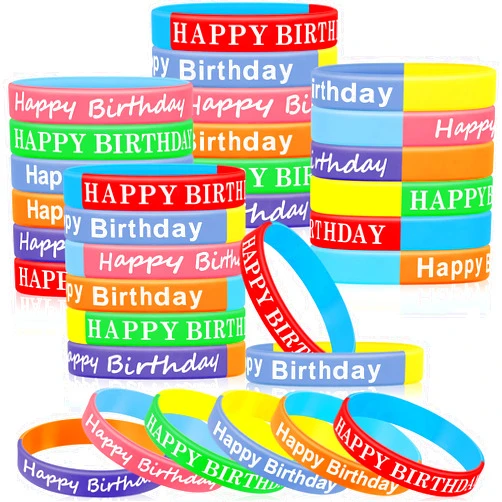 Sratte 120 Pcs Happy Birthday Rubber Bracelets for Kids Stretch Wristbands Bulk Birthday Bracelets for Classroom Student Back to School Gift Teacher Birthday Party Favors Supplies