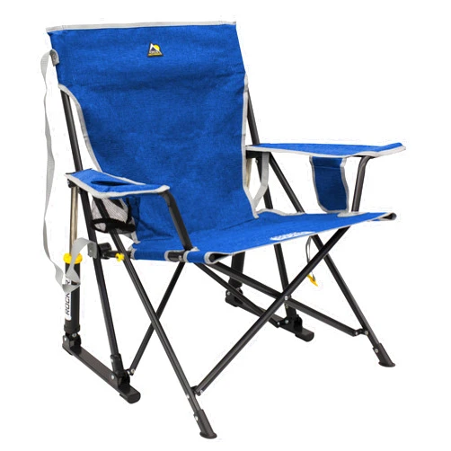 GCI OUTDOOR Kickback Rocker Camping Chair | Portable Folding Rocking Chair with Durable Armrests, Drink Holder & Relaxed Lowered Seat for Comfort — Heathered Royal