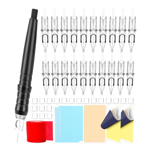 ATOMUS Tattoo Cartridge Poke Pen Stick DIY Kit with Transfer Papers Ink Cups Tattoo Practice Skin Tattoo Table Mats 10pcs 3RL 5RL Tattoo Cartridge Needles Bandage (Gray)
