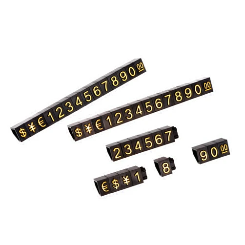 MECCANIXITY Adjustable Removable Mini Cube Price Tag Display Number Letter Price Label Stand Block Kit for Shop Counter Gold on Black,6.3x9mm,10 Sets