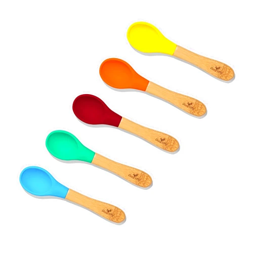Avanchy Baby Spoons 5 Bamboo and Silicone Set, Self Feeding Food Utensils, 4 Months Baby Led Weaning, 5 Pack W/Blue
