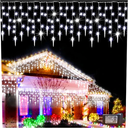Pooqla Christmas Icicle Lights Outdoor Decoration, Cool White Hanging Window Curtain Fairy Lights 8 Modes, LED String Lights Lights 15 FT 150 LED 30 Drops for Roof Home Party Garden Yard Christmas Decoration