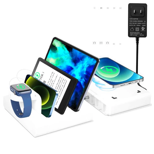 MERGROLY 5-in-1 Fast Charging Station with 20W PD Port, 15W Wireless Charging Dock, Watch Holder, for Phone/Kindle/iPad/Tablet (5 Short Cables Included)
