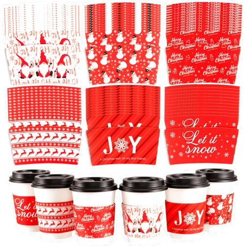 Whaline 60 Pack Christmas Coffee Tea Cup Sleeves Double-Layer Disposable Paper Sleeves for 12 and 16oz Paper Cup 6 Design for Hot Chocolate Cocoa Cold Beverage