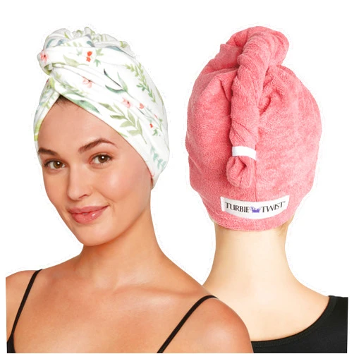 Turbie Twist Microfiber Hair Towel Wrap - for Women, Men & Kids - Travel & Bathroom Essential - Quick Dry Hair Turban for Curly, Long & Thick Hair - 2 Pack (Botanical, Coral)