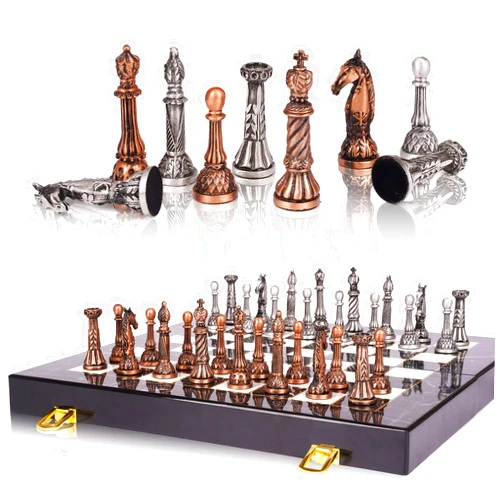 Agirlgle Retro Metal Chess Set for Adults and Kids – Marbling Chess Board with Chess Pieces – Travel Chess Set with Metal Pieces – Folding Chessboard – Ideal for Beginners and Professional Players
