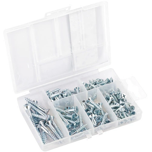 Connex DP8500116 Wood Screws Assortment 175 Pieces DIN 7997 Various Sizes Countersunk Head PH Phillips Drive Galvanised Screw Set with Dowels Assortment Box