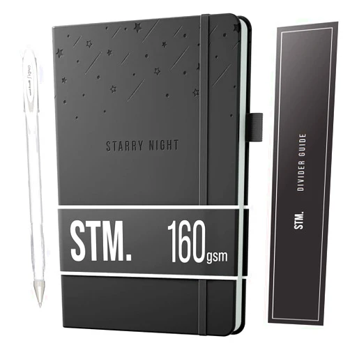 Scribbles That Matter Black Paper Bullet Dotted Journal Notebook | A5 Starry Night by Scribbles That Matter | Free white gel pen | 160gsm Blackout no-bleed dot grid paper | For Men and Women | 5.75 x 8.5 in | Black
