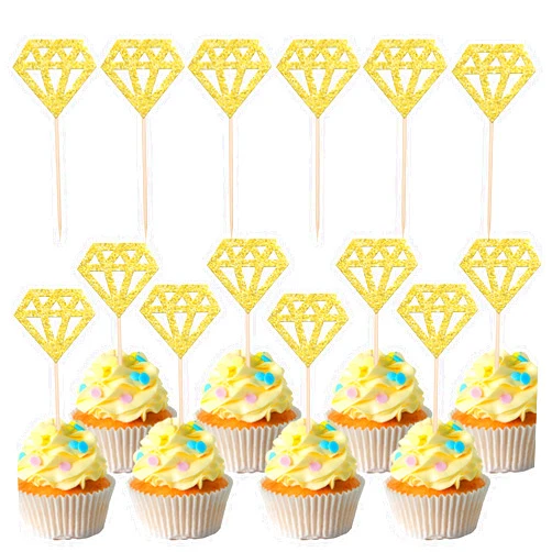 ZHUOWEISM 36 PCS Diamond Cupcake Toppers Glitter Diamond Cupcake Picks Bridal Shower Cake Decorations for Wedding Engagement Anniversary Birthday Party Supplies Gold
