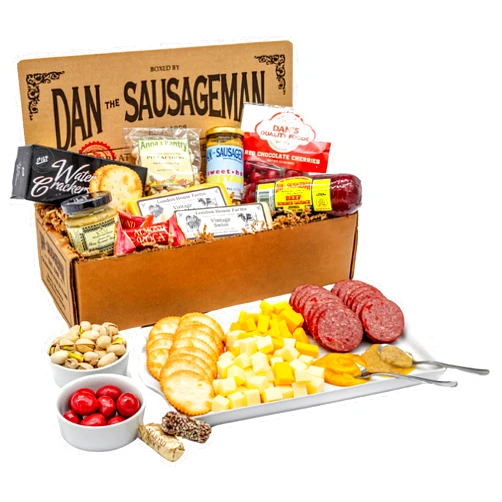 DAN THE SAUSAGEMAN Handpicked Meats Cheese Gift Basket Collection by Dan the Sausageman Featuring Summer Sausage, Mustard Variety, Crackers, and Chocolate Cherries