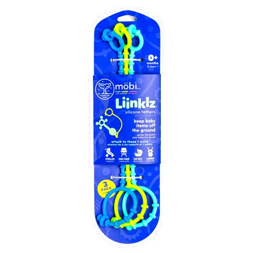 MÖBI Mobi Liinklz Silicone Tethers - Flexible and Soft Toy Straps for Baby, Stroller Toy Safety Straps and Easy to Connect Baby Toy Holder - for Infants 0+ Months, Cool Colors (Pack of 3)