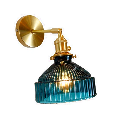 Wlmehujj Industrial Vintage Modern Wall Sconces Lighting Glass Shade Brass Bedside Lamps E27 Up & Down Adjustable Wall Lights for Bedrooms Living Room Kitchen Loft (Blue)