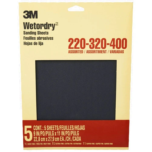 3M Wetordry Sandpaper, 5 Sheets, 9 in x 11 in, Assorted Grits (220 / 320 / 400), Use for Wet and Dry Sanding, For Sanding Between Coats of Varnish, Lacquer, Paint & Other Finishes (9088DC-NA)