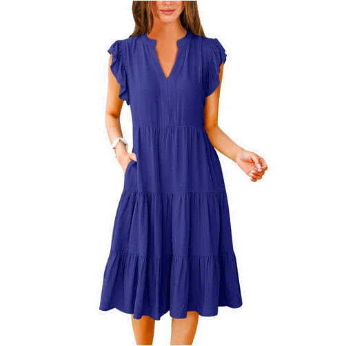 ANRABESS Womens Summer Ruffle Sleeve V Neck Midi Dress 2024 Fashion Casual Fit Flowy Tiered Boho Beach Vacation Sundress