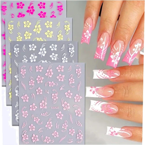 FBABFBUO 8PCS Flower Nail Art Stickers, Hawaiian Flowers Nail Decals White Pink Yellow 3D Self-Adhesive Flowers Stickers for Nails Summer Floral Manicure Sliders for Women Girls Nail Art Decorations