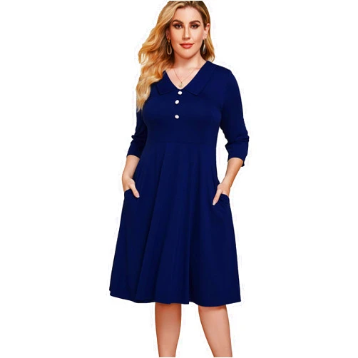 BEDOAR Women's Button Down Peter Pan Collar Plus Size Swing A-Line Work Party Casual Dress with Pockets