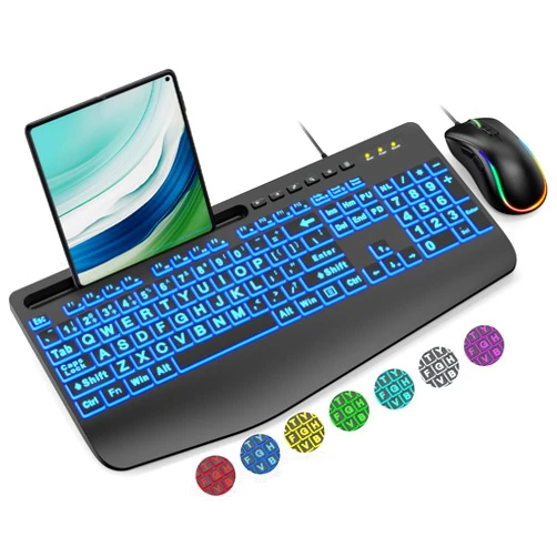 SABLUTE Wired Keyboard and Mouse, Large Print Backlit Keyboard with Wrist Rest and 7-Color Backlit, Lighted Computer Keyboards Easy to See, Light Up USB Keyboard Mouse Combo for PC, Windows, Laptop SABLUTE