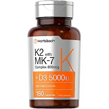 Horbach Vitamin K2 Complex with D3 | 180 Capsules | 800 mcg of MK7 Plus MK4 | 5000 IU of D3 | Bone & Heart Health | Non-GMO, Gluten Free | Vitamin Supplement by Horbaach