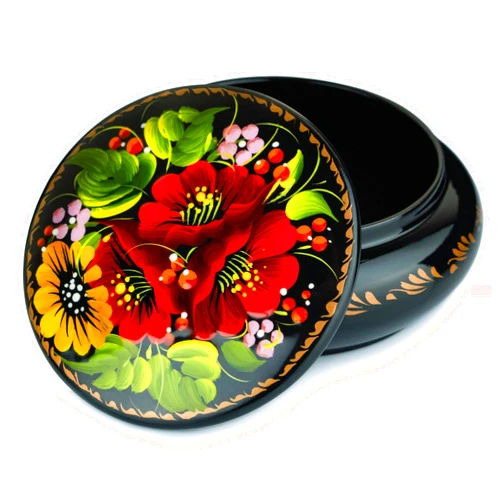 Sapfir Small Round Jewelry Box for Earrings, Necklace, Rings, Hand Painted Lacquer Wooden Case with Ethnic Floral Pattern on Black for Women