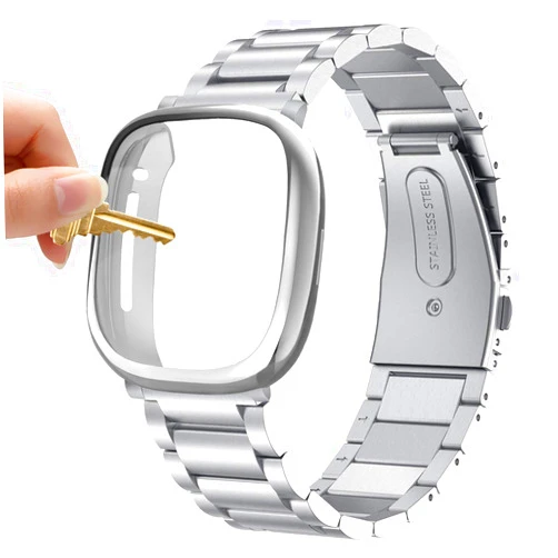 Maxjoy Compatible with Fitbit Sense/Versa 3 Bands, Versa3 Metal Band Large Stainless Steel Bracelet Wristband with Protective Case for Men Women Compatible with Fitbit Sense/Versa 3 Watch