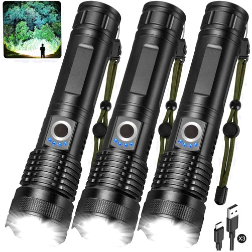 ALSTU 3 Pack Rechargeable LED Flashlights 990,000 Lumens, Adjustable, 5 Modes, IPX7 Waterproof, Powerful Handheld Flash Lights for Camping Hiking Emergency Home