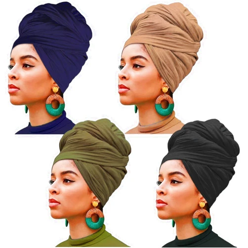 XTREND 4 Pieces African Head Wrap Turban for Women Fashion Headwear Solid Color Hijab Soft Hair Scarf Caps Bohemian Soft Breathable headwraps Tie (Black, Army Green, Navy, Camel)