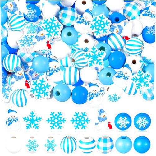 Bencailor 200 Pcs Winter Wooden Beads Winter Snowflake Craft Beads 16 mm 20 mm Snowman Wood Craft Beads Buffalo Plaid Bead Round Loose Spacer Bead for Christmas Winter DIY Garland Home Decor