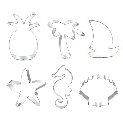 ADSWEET Beach Themed Cookie Cutter Set - Set of 6 - Palm Tree, Starfish, Seashell, Seahorse, Sailboat and Pineapple - in Durable Stainless Steel