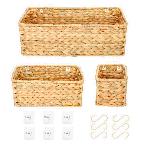 LYX&GC Woven Wall Baskets for Storage, Water Hyacinth Baskets for Shelf, Wall Storage for Kitchen and Bathroom, Hanging Baskets for Organizing, Toilet Tank Basket, Set of 3