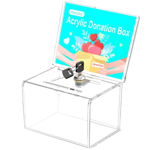 MaxGear Acrylic Donation Box with Lock and Sign Holder, Clear Ballot Box Donation Boxes for Fundraising (6.2