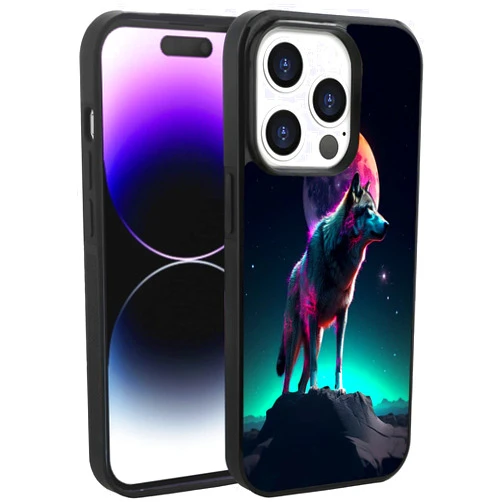 DeweiDirect Phone Case for iPhone 14 Pro Max with Wolf Art Print JX062 Black Slim Rubber Frame Full Body Protection Cover Case for iPhone 14 Pro Max Drop Protection