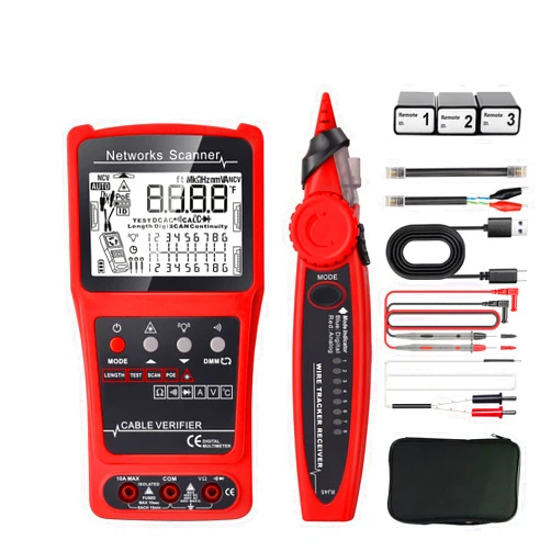 Nasedal Network Cable Tester Wire Tracker Tone Generator Ethernet Tester Multimeter VFL 3-in-1 RJ45 CAT5 CAT6 CAT7 CAT8 RJ11 Tone BNC Tester PoE Test Cable Length Cable Mapping Test Port Flashng 3 pcs Remote