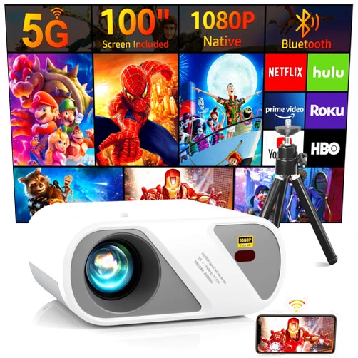 CEBORY 5G WiFi Bluetooth Video Projector[Projector Screen and Tripod Included], Full HD 1080P Outdoor Movie Projector, Portable Projector Compatible With HDMI/ USB/ AV/ Smartphone/ TV Stick/ Laptop