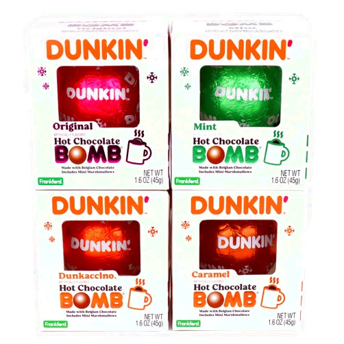 Frankford Dunkin' Hot Chocolate BOMB 4 Pack Assorted Flavors Bundle- Original, Mint, Dunkaccino, Caramel, Four Hot Cocoa Melting Balls, Hot Cocoa Beverage, Easter Basket Stuffer Gift